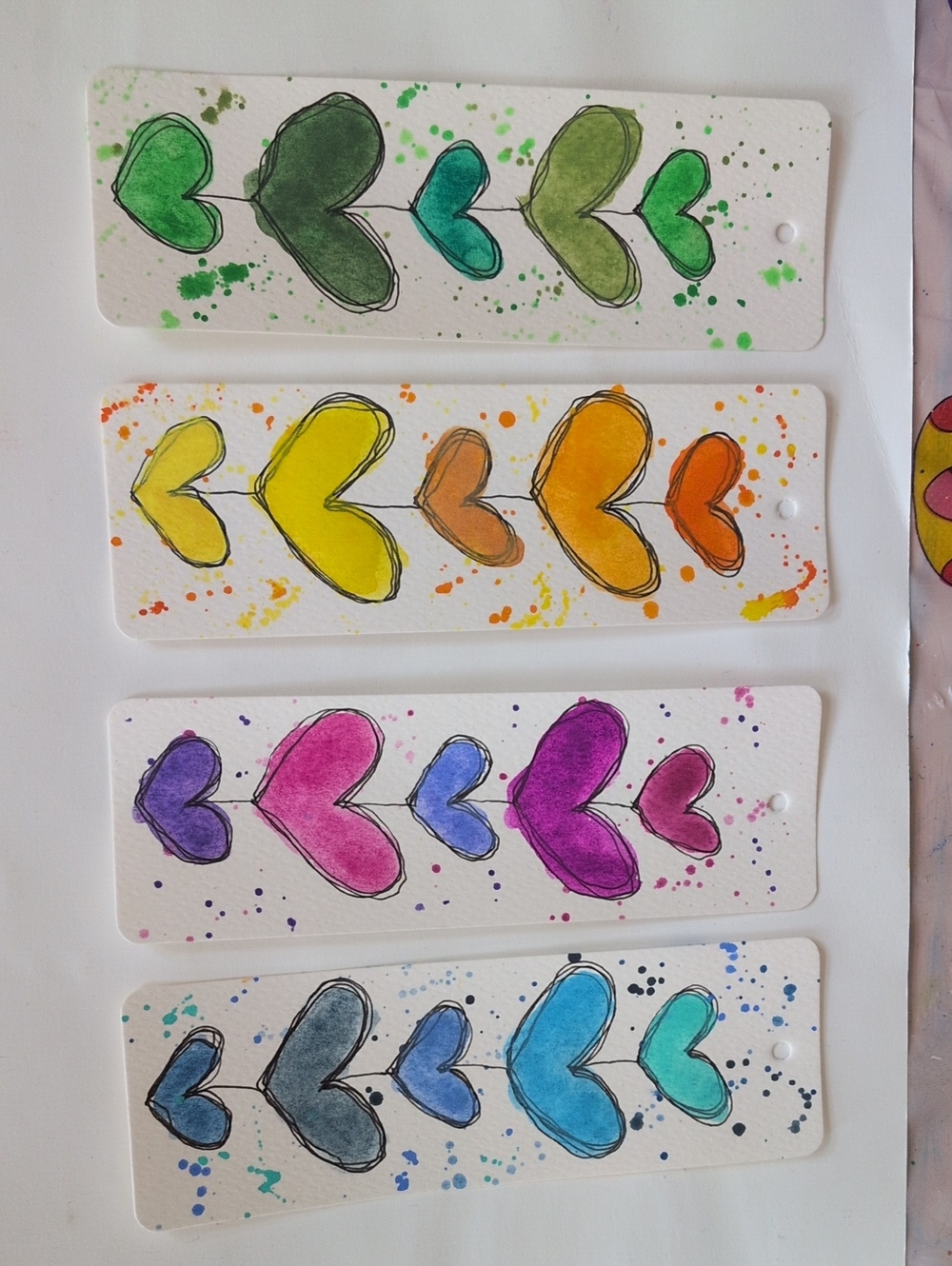 3 For $10 Handpainted Watercolor Heart Bookmarks— Rainbow Hearts